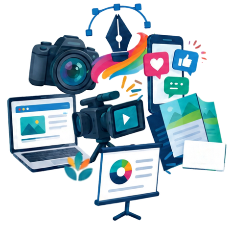 Collage van camera, laptop, videocamera, telefoon, drukwerk en presentatie