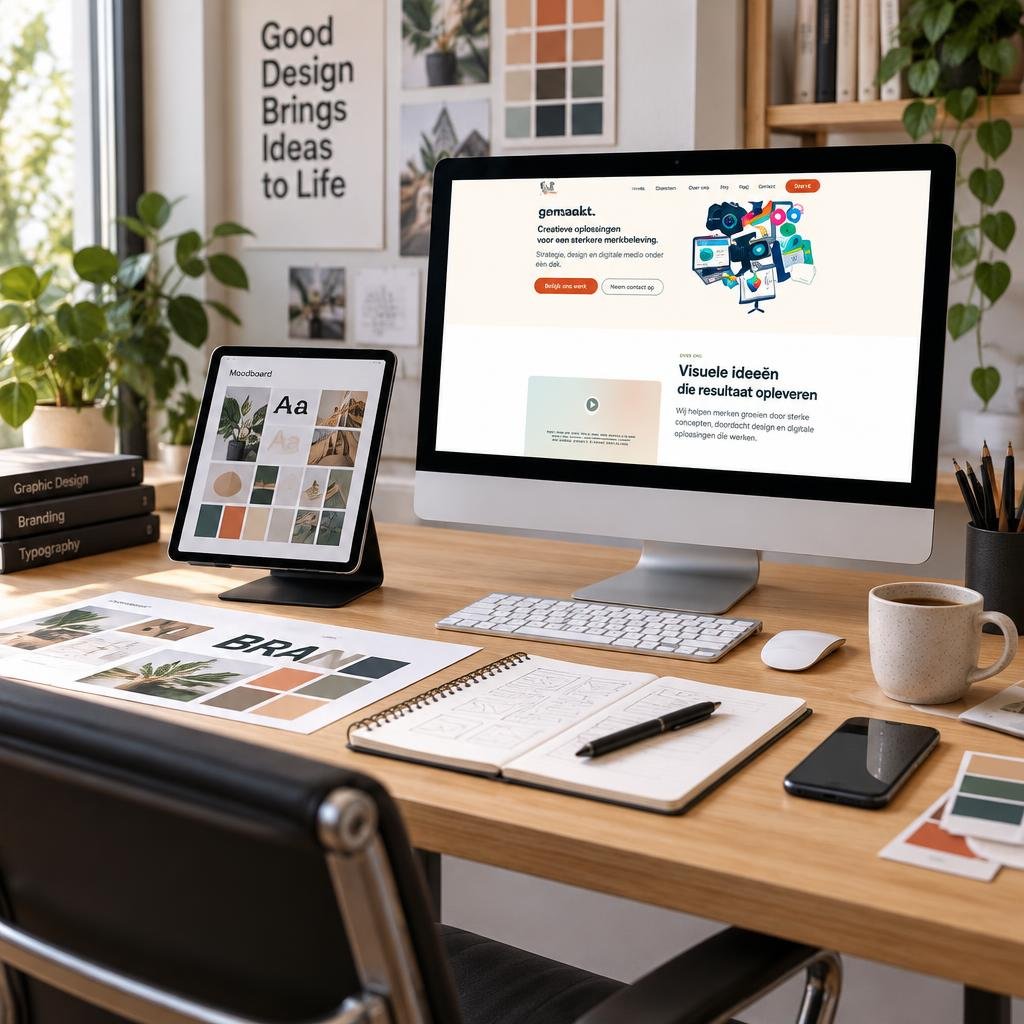 Werkplek met computer, tablet met moodboard, schetsboek en kleurstalen op een houten bureau