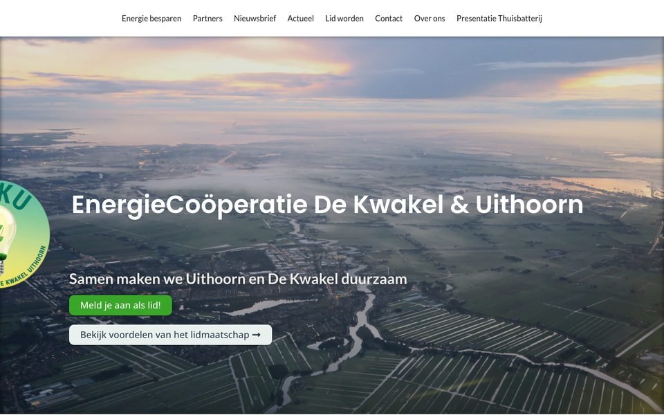 Voorpagina van de website ecku.nl van Energiecoöperatie De Kwakel & Uithoorn